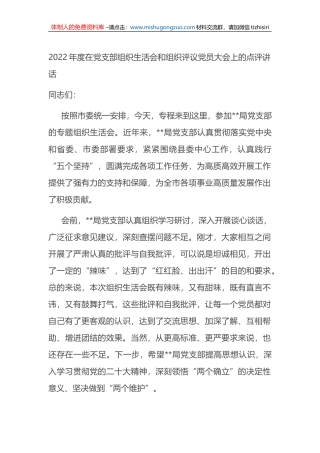 2022年度在党支部组织生活会和组织评议党员大会上的点评讲话