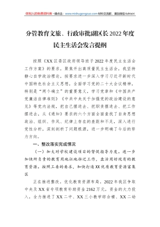 分管教育文旅、行政审批副区长2022年度民主生活会发言提纲