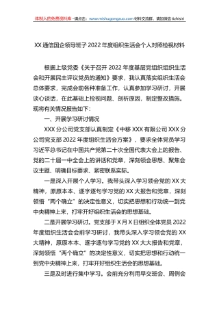 XX通信国企领导班子2022年度组织生活会个人对照检视材料