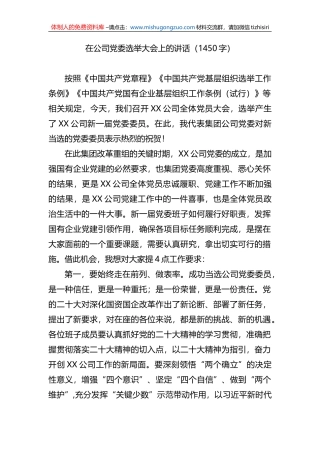 在公司党委选举大会上的讲话