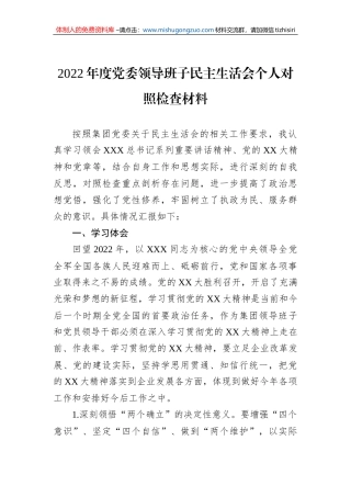 2022年度党委领导班子民主生活会个人对照检查材料