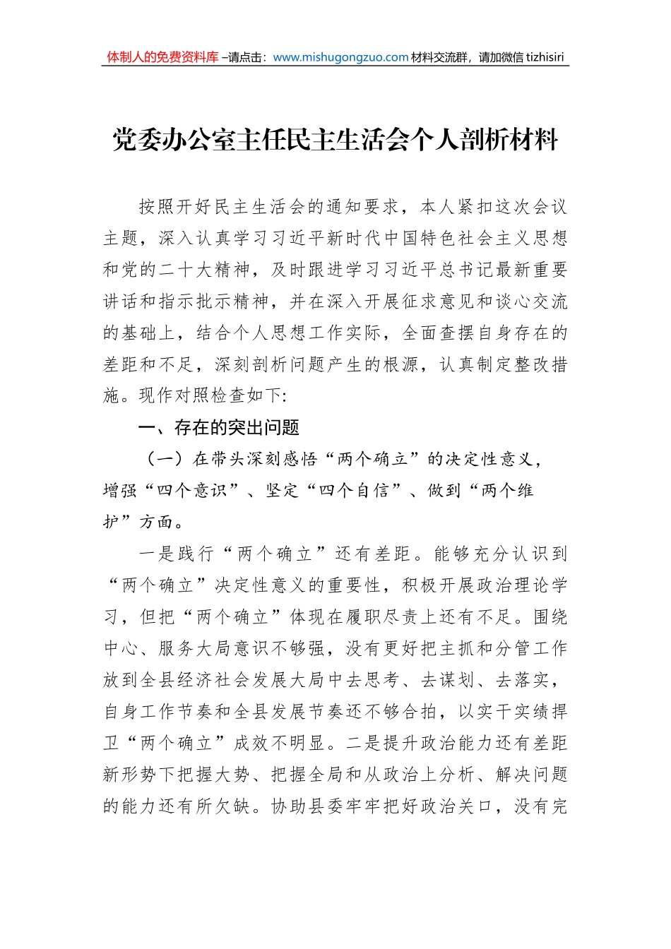 党委办公室主任2022年度民主生活会个人剖析材料_第1页