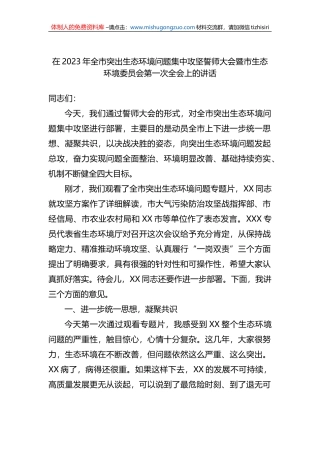 在2023年全市突出生态环境问题集中攻坚誓师大会暨市生态环境委员会第一次全会上的讲话
