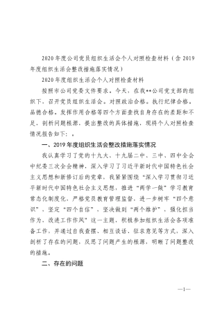 2020年度公司党员组织生活会个人对照检查材料（含2019年度组织生活会整改措施落实情况）