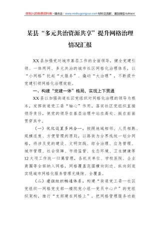 某县“多元共治资源共享”提升网格治理情况汇报