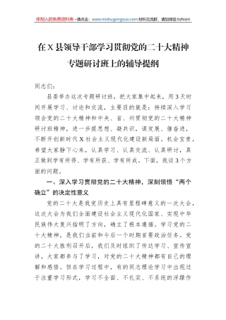 在X县领导干部学习贯彻党的二十大精神专题研讨班上的辅导提纲