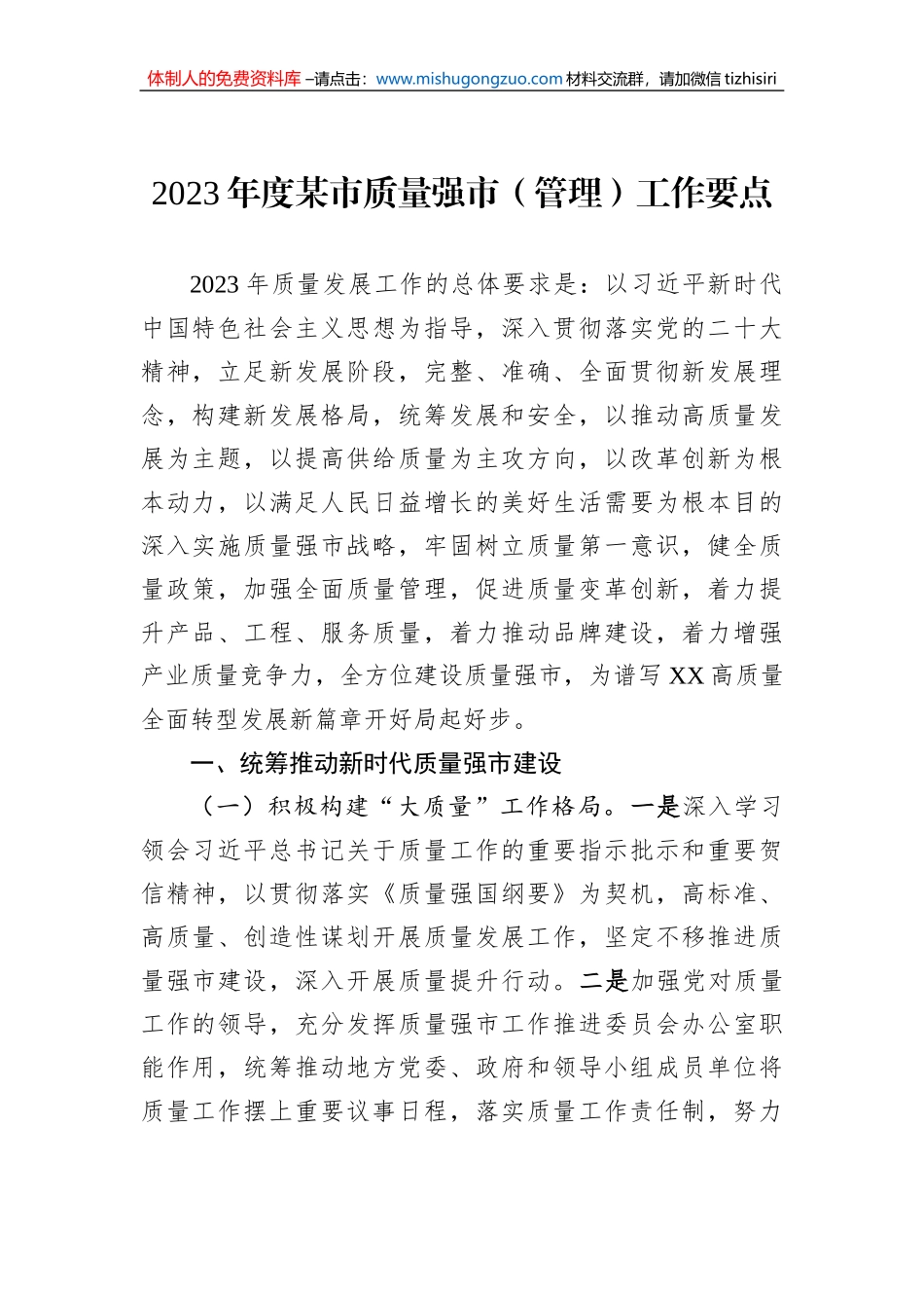 2023年度某市质量强市（管理）工作要点_第1页