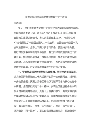在传达学习全国两会精神专题会上的讲话