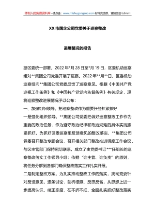 X市国企公司党委关于巡察整改进展情况的报告