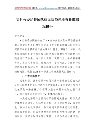 某县公安局开展队伍风险隐患排查化解情况报告