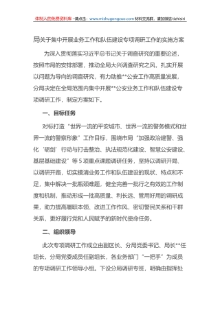 局关于集中开展业务工作和队伍建设专项调研工作的实施方案