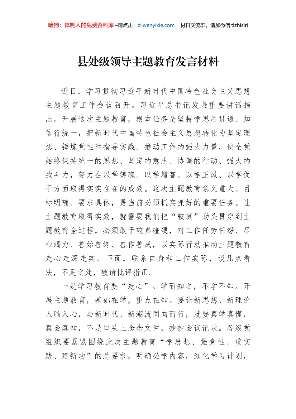 县处级领导主题教育发言材料_第1页