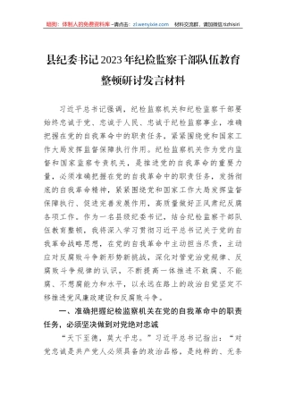 县纪委书记2023年纪检监察干部队伍教育整顿研讨发言材料