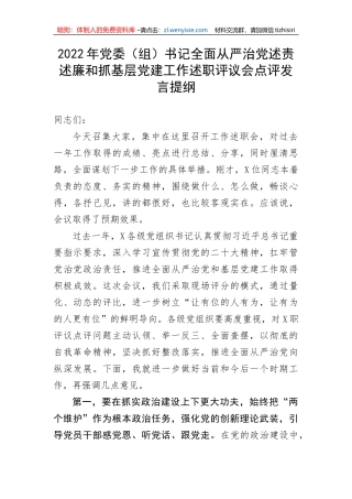 【讲话致辞】2022年党委（组）书记全面从严治党述责述廉和抓基层党建工作述职评议会点评发言提纲