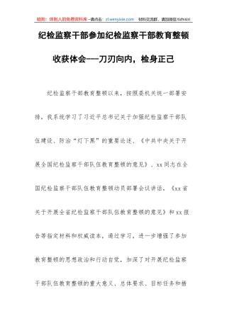 【JJ队伍教育整顿】纪检监察干部参加纪检监察干部教育整顿收获体会---刀刃向内，检身正己