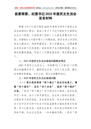 【纪检系统】县委常委、纪委书记2022年度民主生活会发言材料