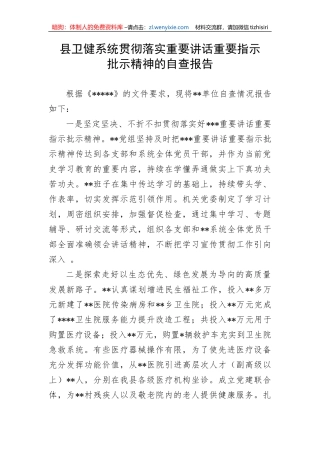 【自查报告】县卫健系统贯彻落实重要讲话重要指示批示精神的自查报告