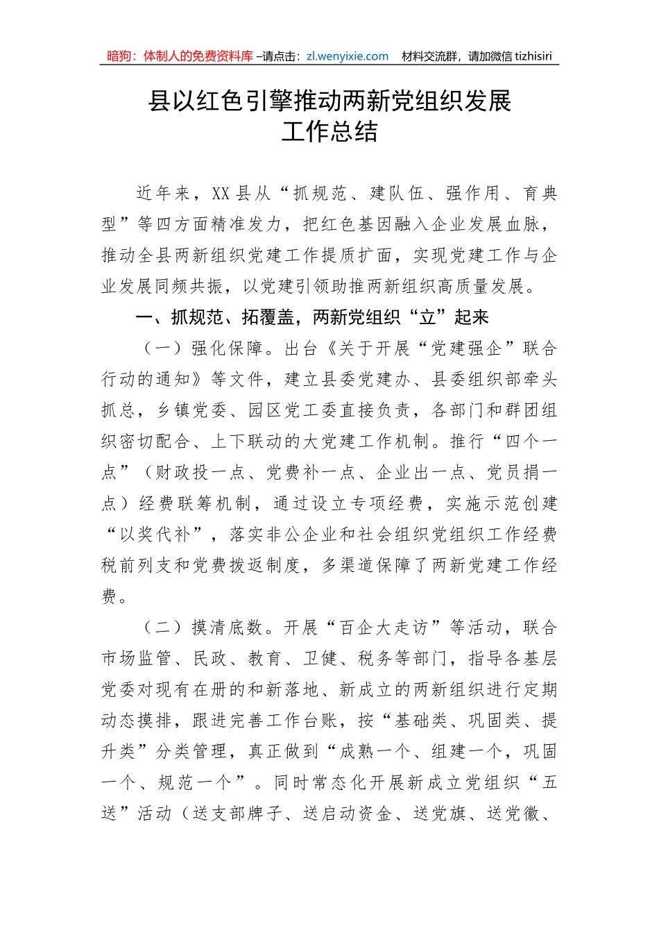 【工作汇报】县以红色引擎推动两新党组织发展工作总结_第1页