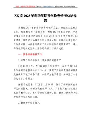 XX室2023年春季学期开学检查情况总结报告