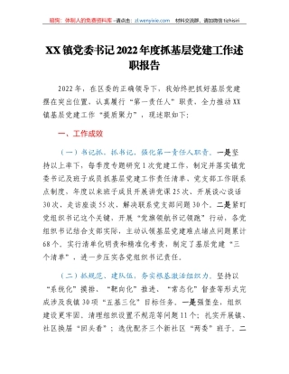XX镇党委书记2022年度抓基层党建工作述职报告