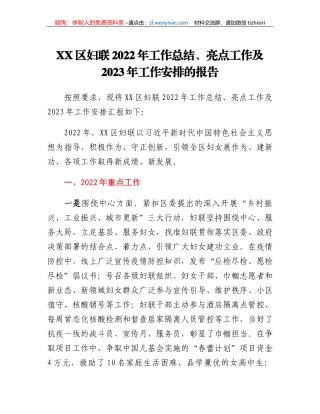 XX区妇联2022年工作总结、亮点工作及2023年工作安排的报告