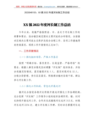 XX镇2022年度河长制工作总结