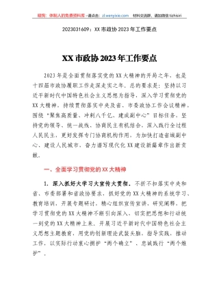 XX市政协2023年工作要点