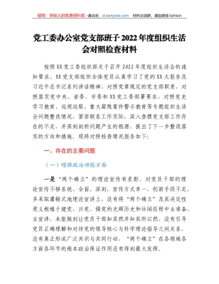 党工委办公室党支部班子2022年度组织生活会对照检查材料