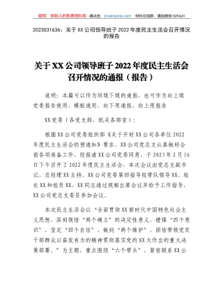 关于XX公司领导班子2022年度民主生活会召开情况的报告