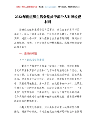 2022年度组织生活会党员干部个人对照检查材料