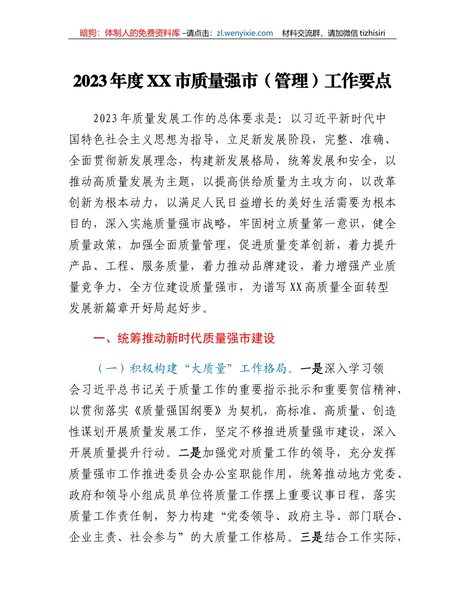 2023年度XX市质量强市（管理）工作要点_第1页