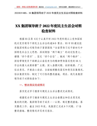 XX集团领导班子2022年度民主生活会对照检查材料