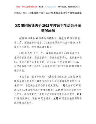 XX集团领导班子2022年度民主生活会开展情况通报