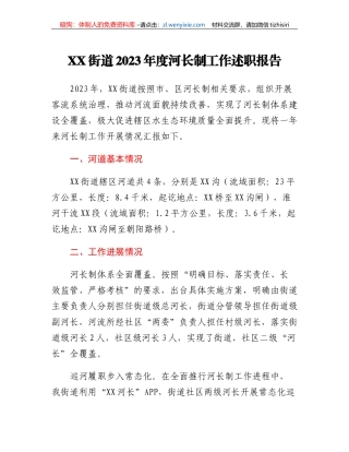 XX街道2023年度河长制工作述职报告
