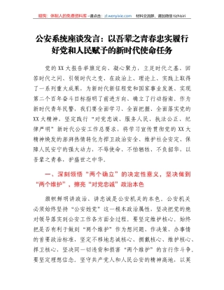 公安系统座谈发言：以吾辈之青春忠实履行好党和人民赋予的新时代使命任务
