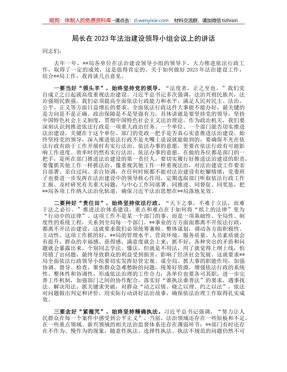 局长在2023年法治建设领导小组会议上的讲话_第1页