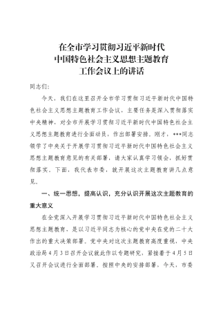 在学习贯彻习近平新时代中国特色社会主义思想主题教育工作会议上的讲话
