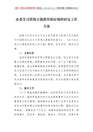 市委学习贯彻主题教育抓好调查研究工作方案