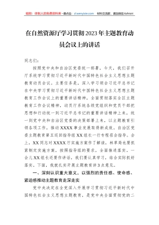 在自然资源厅学习贯彻2023年主题教育动员会议上的讲话