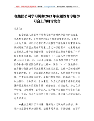 在集团公司学习贯彻2023年主题教育专题学习会上的研讨发言