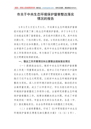 市关于中央生态环境保护督察整改落实情况的报告