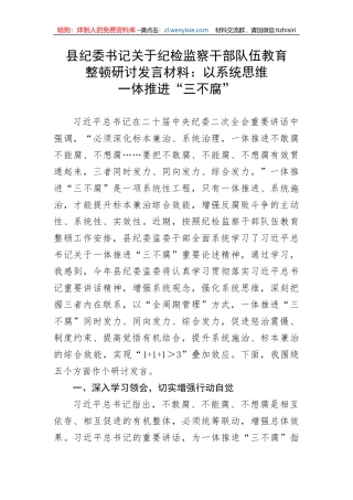 县纪委书记关于纪检监察干部队伍教育整顿研讨发言材料：以系统思维一体推进”三不腐“