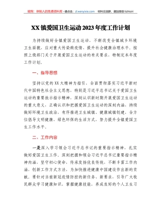 XX镇爱国卫生运动2023年度工作计划