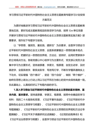 学习贯彻新时代特色思想主题教育专题学习计划安排方案
