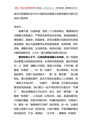 防范化解重大风险专题学习研讨交流会上的发言