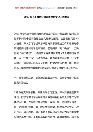 2023年XX国企公司宣传思想文化工作要点