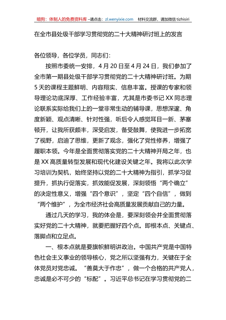 在全市县处级干部学习贯彻党的二十大精神研讨班上的发言_第1页
