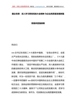 国企党课：深入学习贯彻党的大会精神+为企业高质量发展新篇章提供坚强保障