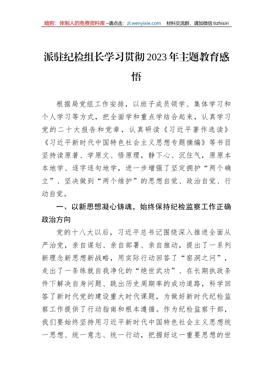派驻纪检组长学习贯彻2023年主题教育感悟_第1页