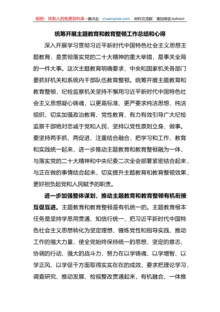 统筹开展主题教育和教育整顿工作总结和心得